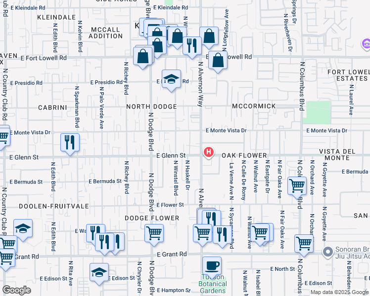 map of restaurants, bars, coffee shops, grocery stores, and more near 2880 North Winstel Boulevard in Tucson