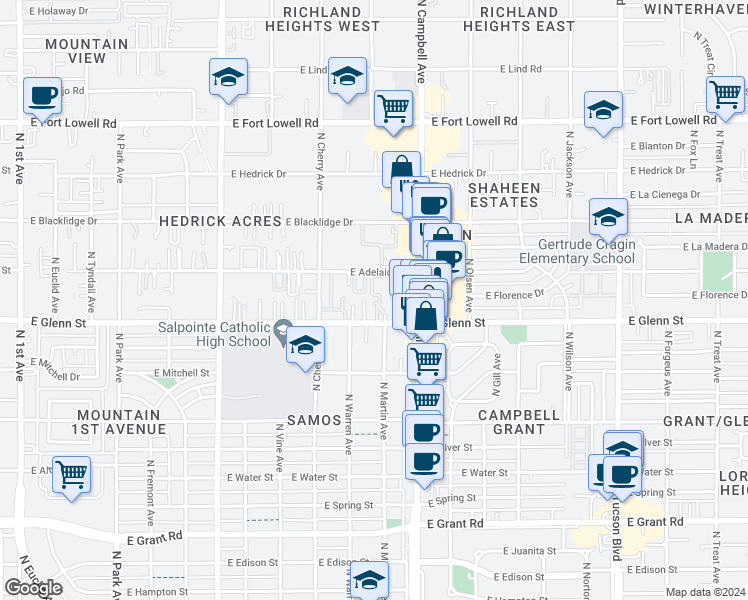 map of restaurants, bars, coffee shops, grocery stores, and more near 1746 East Adelaide Drive in Tucson