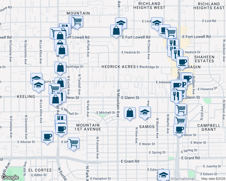 map of restaurants, bars, coffee shops, grocery stores, and more near 1220 East Adelaide Drive in Tucson