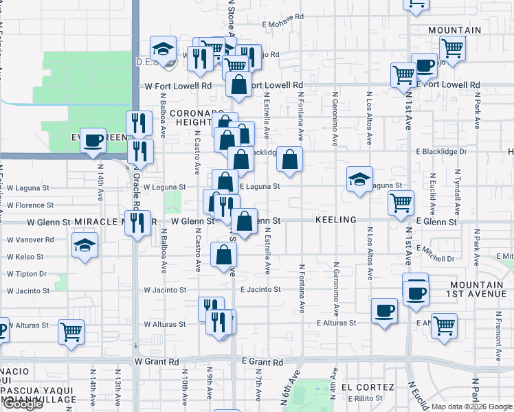 map of restaurants, bars, coffee shops, grocery stores, and more near 2841 North Estrella Avenue in Tucson