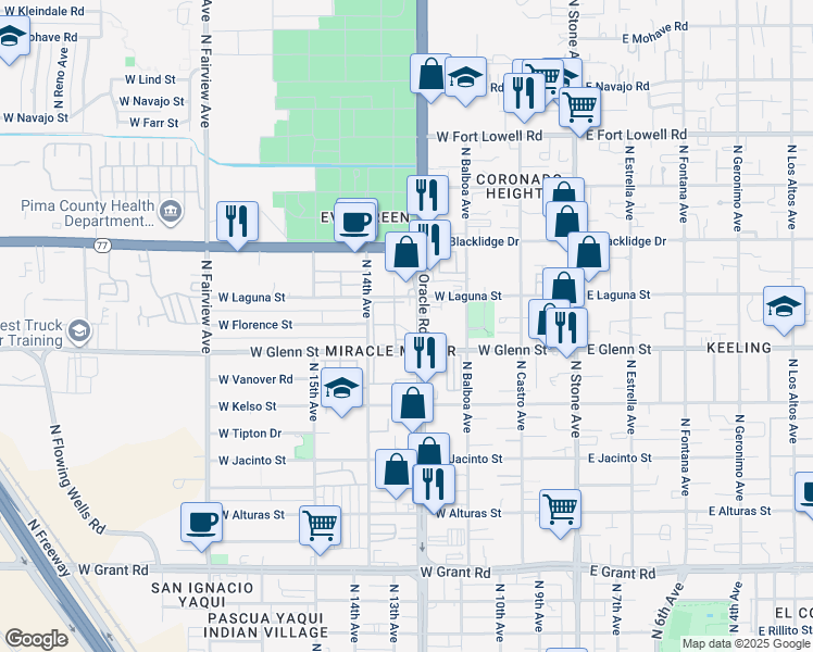 map of restaurants, bars, coffee shops, grocery stores, and more near 441 West Laguna Street in Tucson