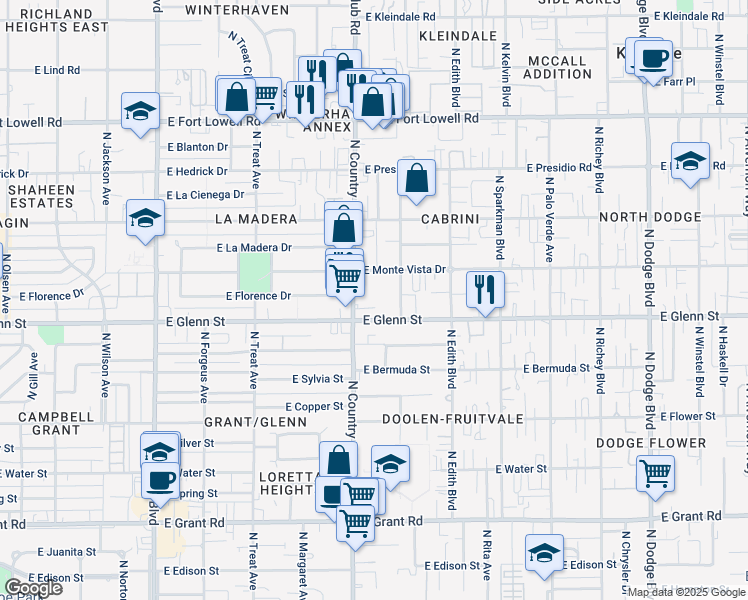 map of restaurants, bars, coffee shops, grocery stores, and more near 2840 North Country Club Road in Tucson