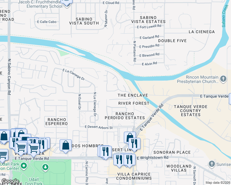map of restaurants, bars, coffee shops, grocery stores, and more near 7774 East Cleary Way in Tucson