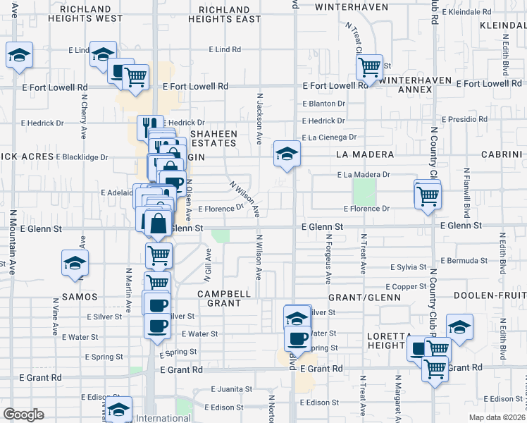 map of restaurants, bars, coffee shops, grocery stores, and more near 2842 North Wilson Avenue in Tucson