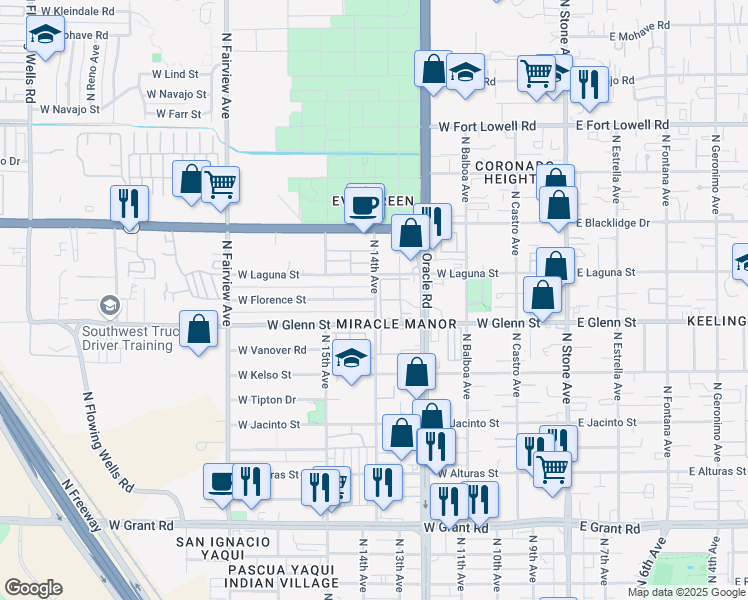 map of restaurants, bars, coffee shops, grocery stores, and more near 501 West Florence Street in Tucson
