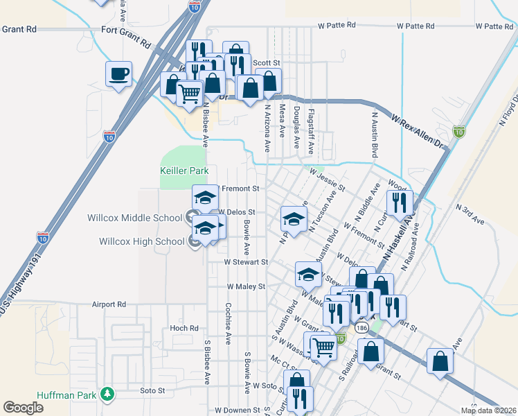 map of restaurants, bars, coffee shops, grocery stores, and more near 813 West Delos Street in Willcox