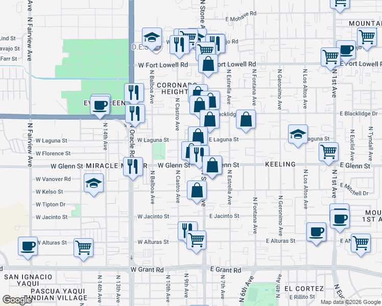 map of restaurants, bars, coffee shops, grocery stores, and more near 2835 North Stone Avenue in Tucson