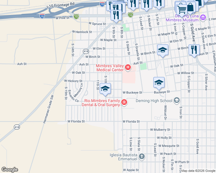 map of restaurants, bars, coffee shops, grocery stores, and more near 1000-1020 West Hickory Street in Deming