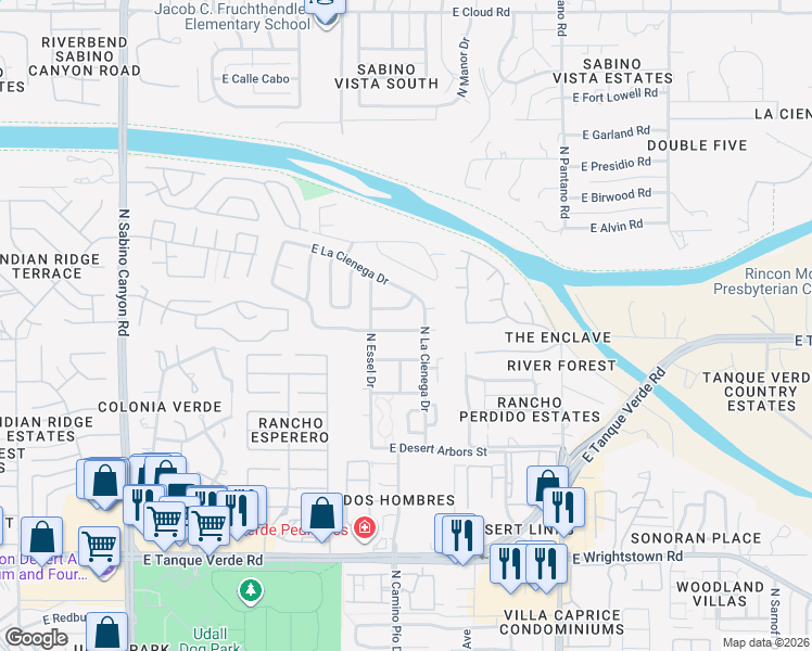 map of restaurants, bars, coffee shops, grocery stores, and more near 7576 East Camino Del Río in Tucson