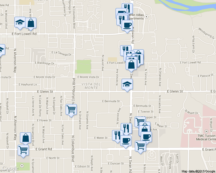 map of restaurants, bars, coffee shops, grocery stores, and more near 2842 North Laurel Avenue in Tucson