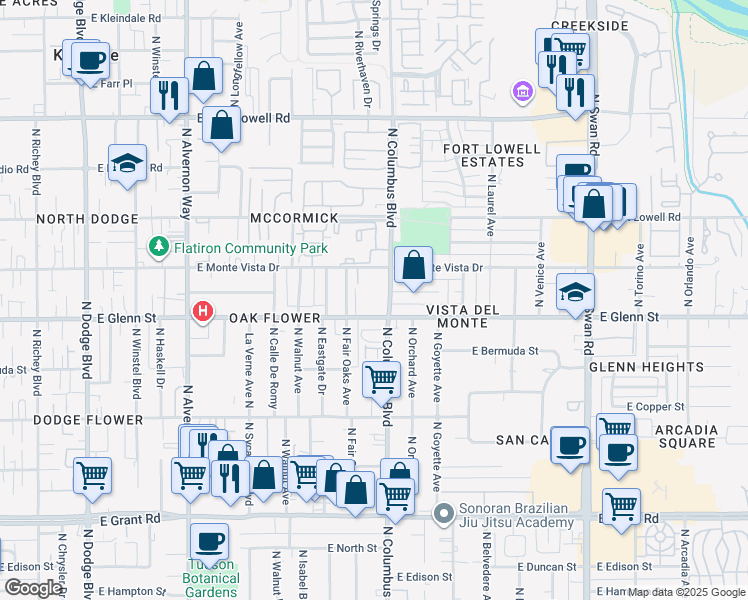 map of restaurants, bars, coffee shops, grocery stores, and more near 4242 East Monte Vista Drive in Tucson