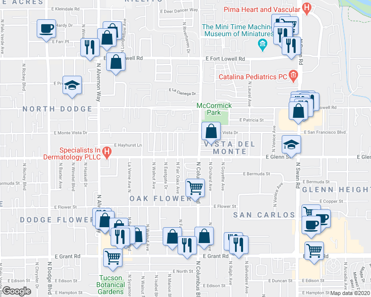 map of restaurants, bars, coffee shops, grocery stores, and more near 4242 East Monte Vista Drive in Tucson