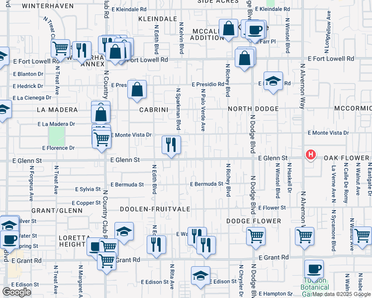 map of restaurants, bars, coffee shops, grocery stores, and more near 2884 North Sparkman Boulevard in Tucson