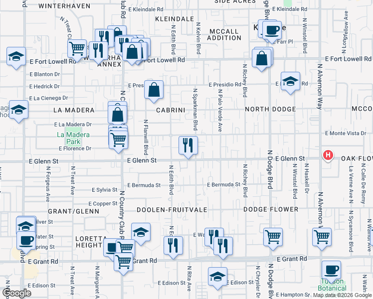 map of restaurants, bars, coffee shops, grocery stores, and more near 3316 East Monte Vista Drive in Tucson