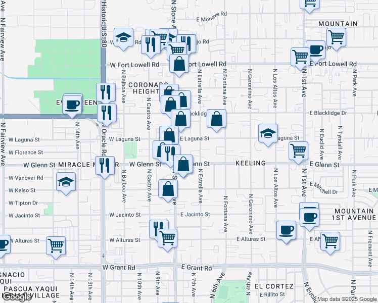 map of restaurants, bars, coffee shops, grocery stores, and more near 2854 North Stone Avenue in Tucson