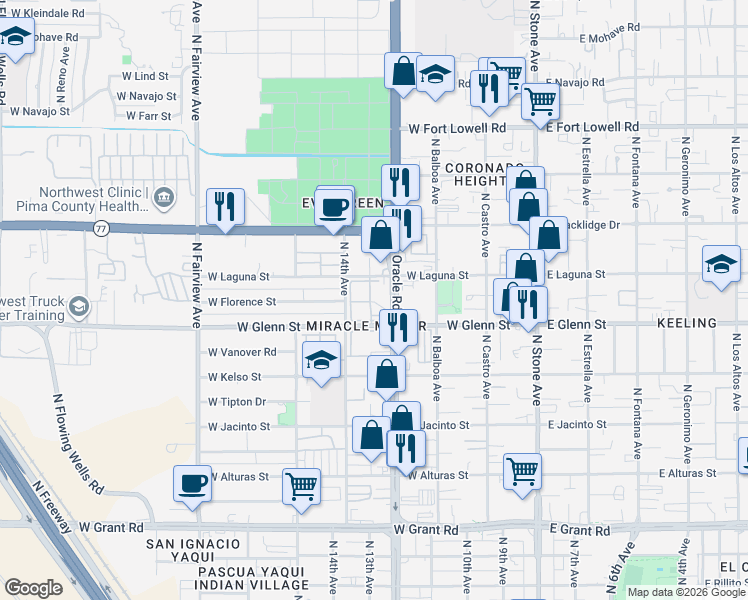 map of restaurants, bars, coffee shops, grocery stores, and more near 441 West Laguna Street in Tucson