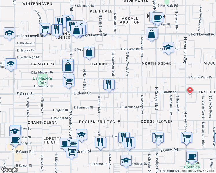map of restaurants, bars, coffee shops, grocery stores, and more near 3316 East Monte Vista Drive in Tucson