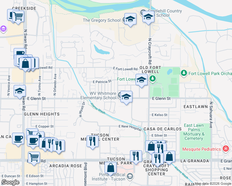 map of restaurants, bars, coffee shops, grocery stores, and more near 2851 North Beverly Avenue in Tucson