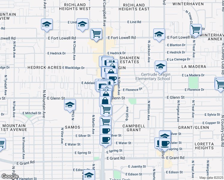 map of restaurants, bars, coffee shops, grocery stores, and more near 2914 North Campbell Avenue in Tucson