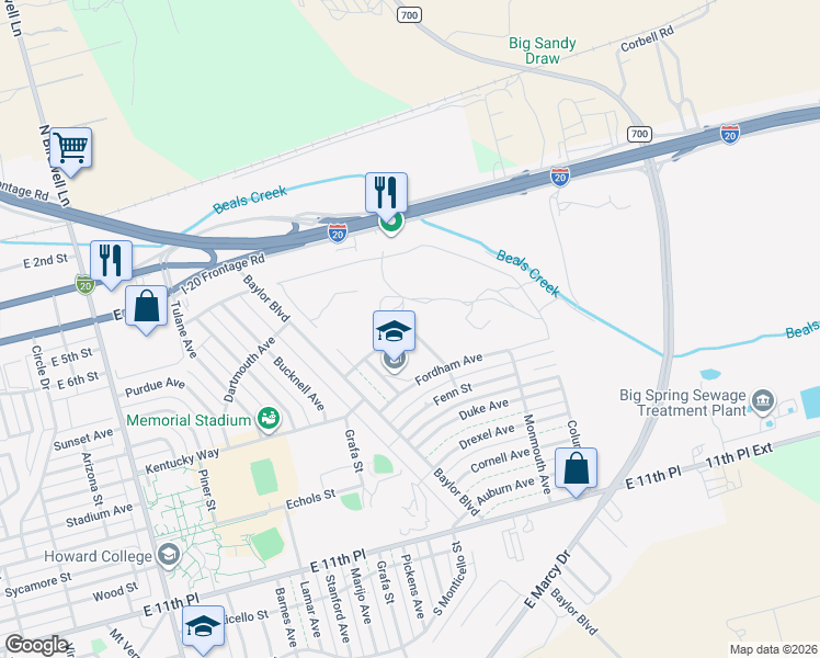 map of restaurants, bars, coffee shops, grocery stores, and more near 800 Marquette Avenue in Big Spring