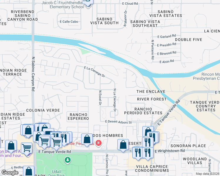 map of restaurants, bars, coffee shops, grocery stores, and more near 7576 East Camino Del Río in Tucson