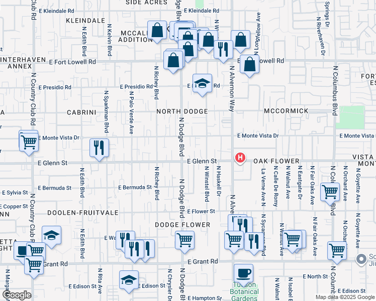 map of restaurants, bars, coffee shops, grocery stores, and more near 3744 East Monte Vista Drive in Tucson