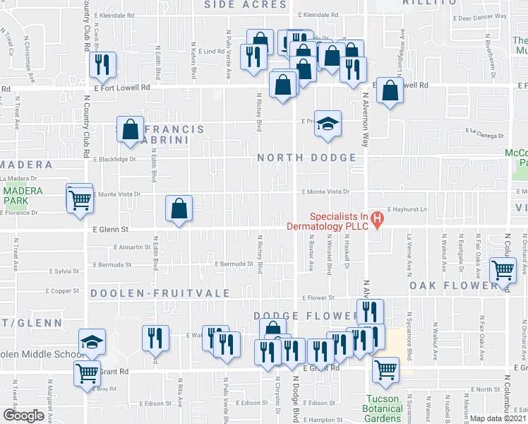 map of restaurants, bars, coffee shops, grocery stores, and more near 2842 North Richey Boulevard in Tucson