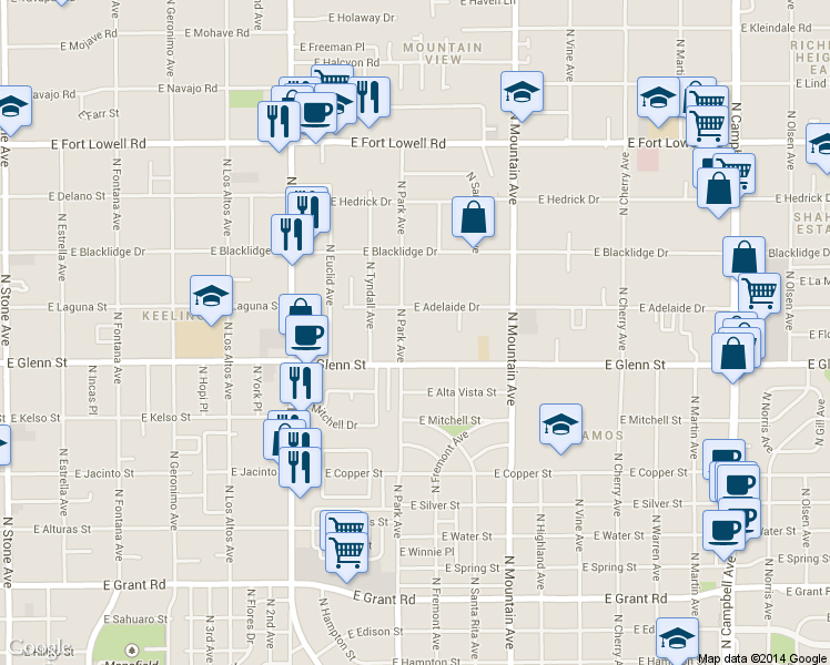 map of restaurants, bars, coffee shops, grocery stores, and more near 2890 North Park Avenue in Tucson