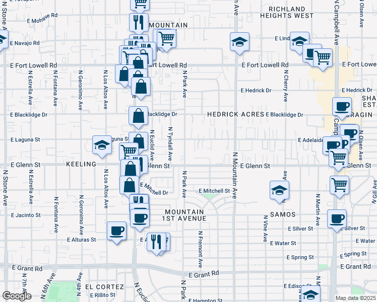 map of restaurants, bars, coffee shops, grocery stores, and more near 2890 North Park Avenue in Tucson