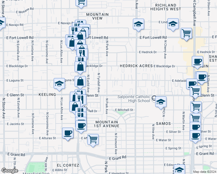 map of restaurants, bars, coffee shops, grocery stores, and more near 2890 North Park Avenue in Tucson