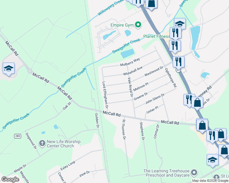 map of restaurants, bars, coffee shops, grocery stores, and more near 209 Westwood Drive in Rincon