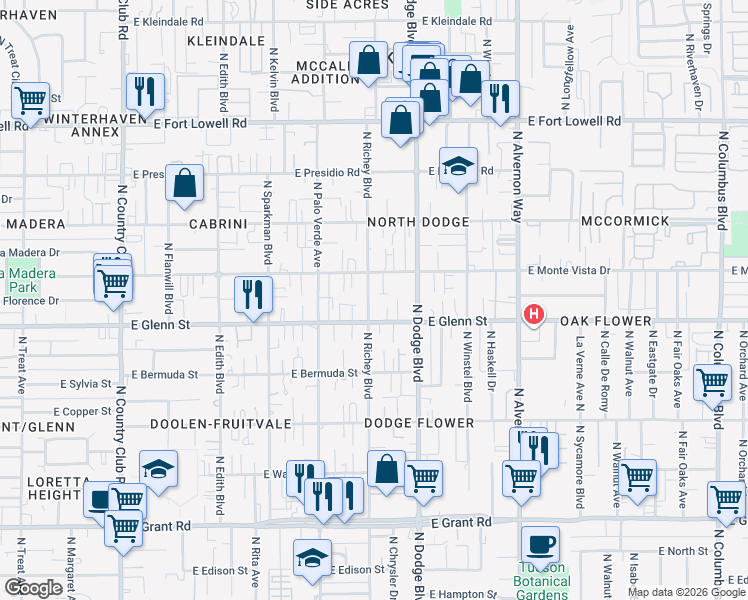 map of restaurants, bars, coffee shops, grocery stores, and more near 2834 North Richey Boulevard in Tucson