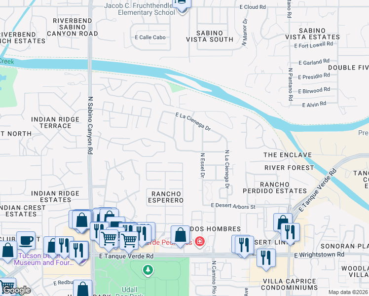 map of restaurants, bars, coffee shops, grocery stores, and more near 7431 East Rio Verde Drive in Tucson