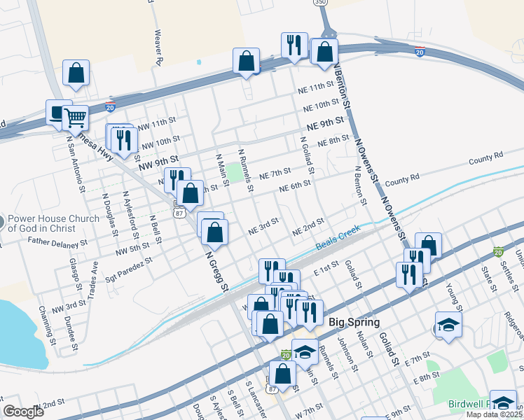 map of restaurants, bars, coffee shops, grocery stores, and more near 209-599 North Johnson Street in Big Spring