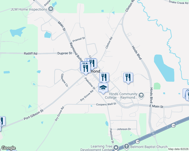 map of restaurants, bars, coffee shops, grocery stores, and more near E Main St & Railroad St in Raymond