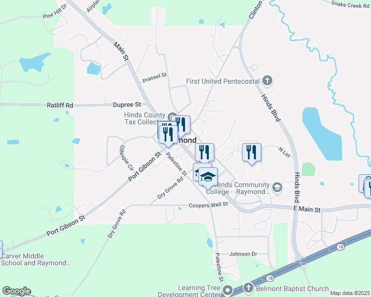 map of restaurants, bars, coffee shops, grocery stores, and more near 104 East Main Street in Raymond