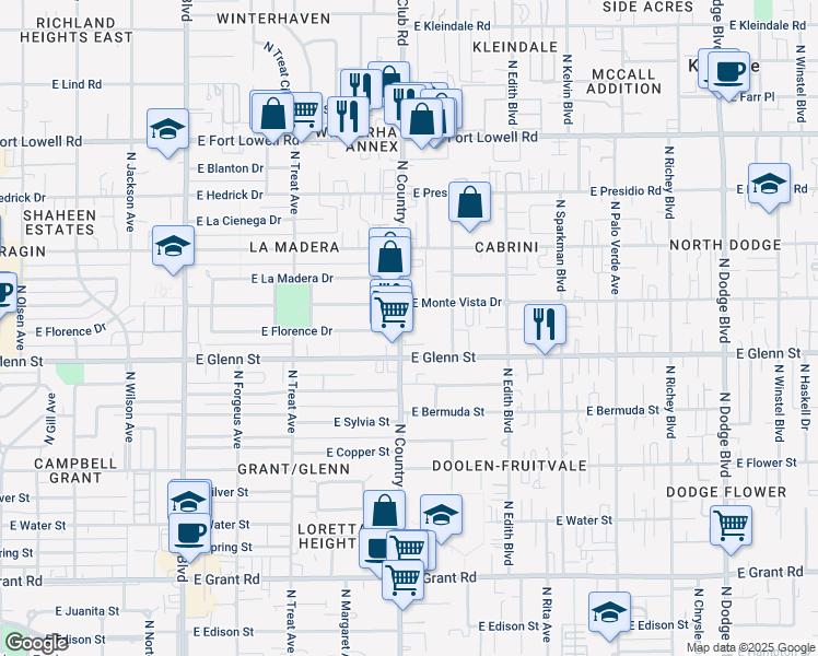 map of restaurants, bars, coffee shops, grocery stores, and more near 2840 North Country Club Road in Tucson