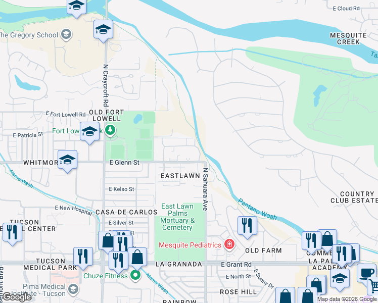 map of restaurants, bars, coffee shops, grocery stores, and more near 5701 East Glenn Street in Tucson