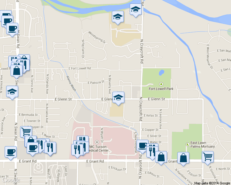 map of restaurants, bars, coffee shops, grocery stores, and more near 2872 North Beverly Avenue in Tucson