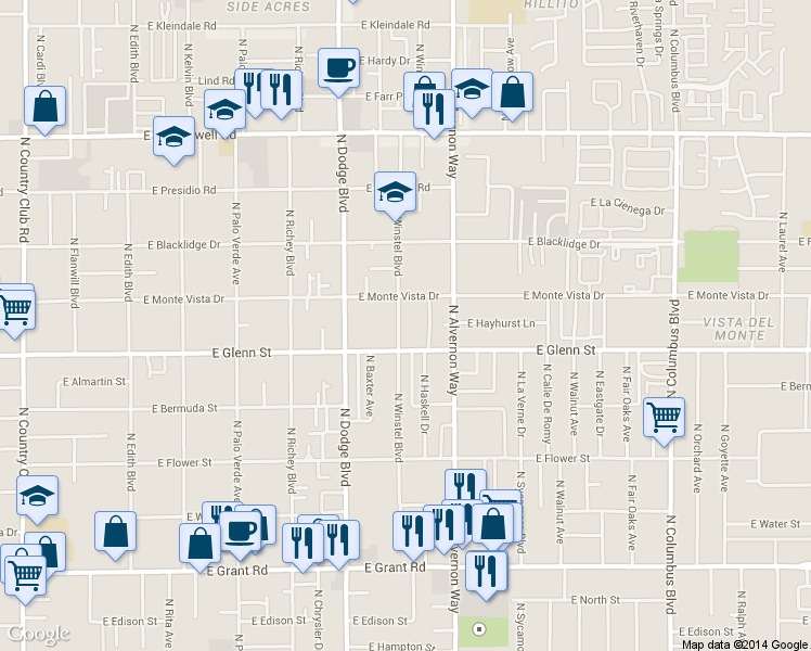 map of restaurants, bars, coffee shops, grocery stores, and more near 2832 North Winstel Boulevard in Tucson