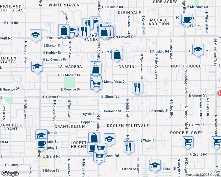map of restaurants, bars, coffee shops, grocery stores, and more near 2867 North Flanwill Boulevard in Tucson