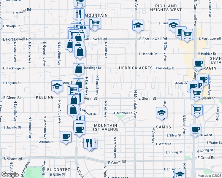 map of restaurants, bars, coffee shops, grocery stores, and more near 2890 North Park Avenue in Tucson