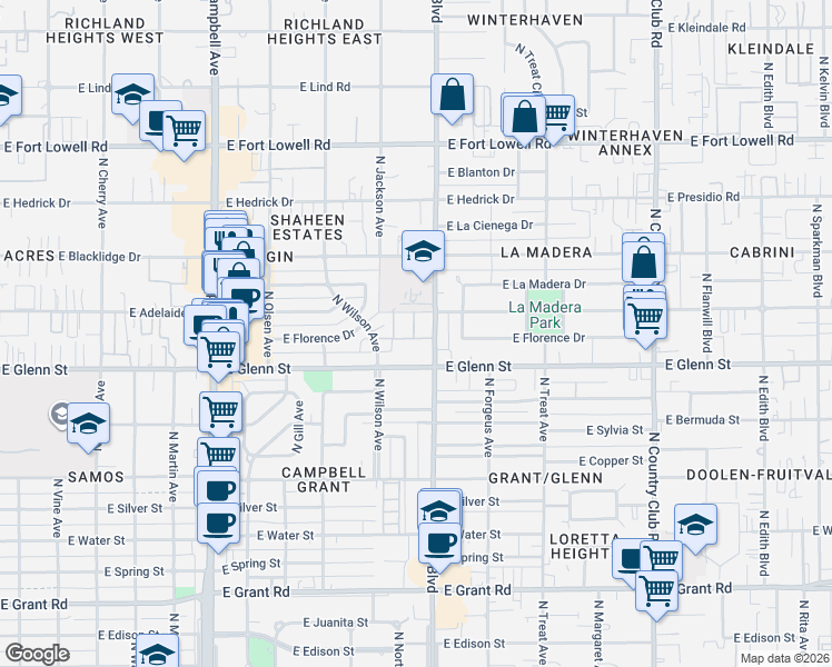 map of restaurants, bars, coffee shops, grocery stores, and more near 2875 North Tucson Boulevard in Tucson