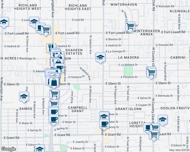 map of restaurants, bars, coffee shops, grocery stores, and more near 2875 North Tucson Boulevard in Tucson