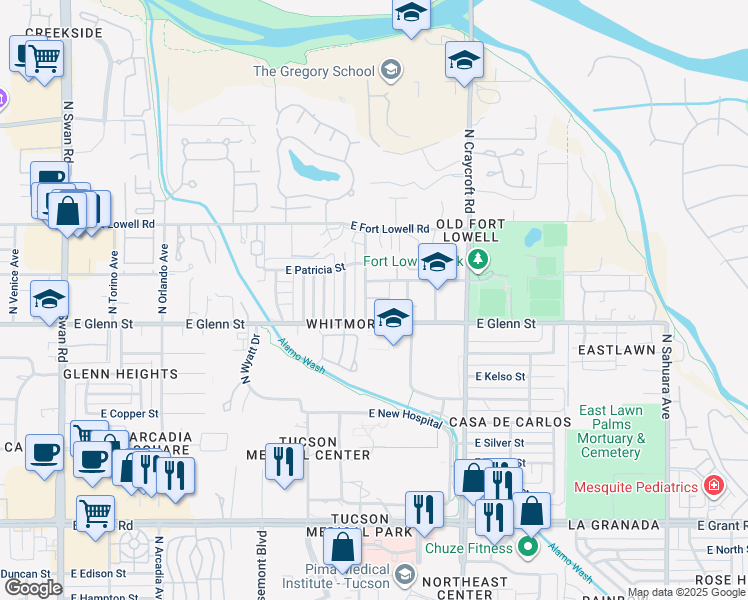 map of restaurants, bars, coffee shops, grocery stores, and more near 5307 East Glenn Street in Tucson