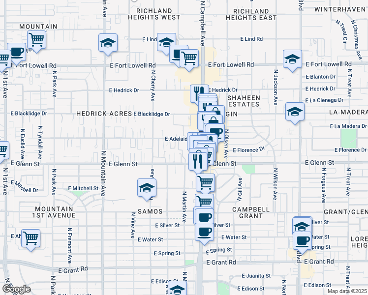 map of restaurants, bars, coffee shops, grocery stores, and more near 1745 East Glenn Street in Tucson