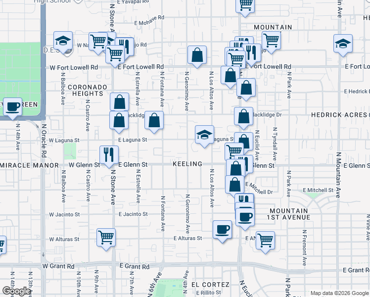 map of restaurants, bars, coffee shops, grocery stores, and more near 2837 North Geronimo Avenue in Tucson