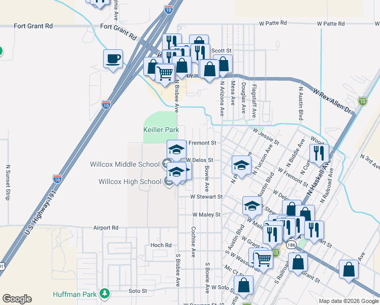 map of restaurants, bars, coffee shops, grocery stores, and more near 432 Cochise Avenue in Willcox