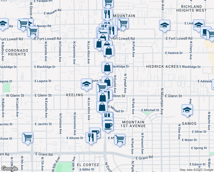 map of restaurants, bars, coffee shops, grocery stores, and more near 2849 North 1st Avenue in Tucson