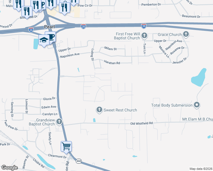 map of restaurants, bars, coffee shops, grocery stores, and more near 427 Poplar Boulevard in Pearl